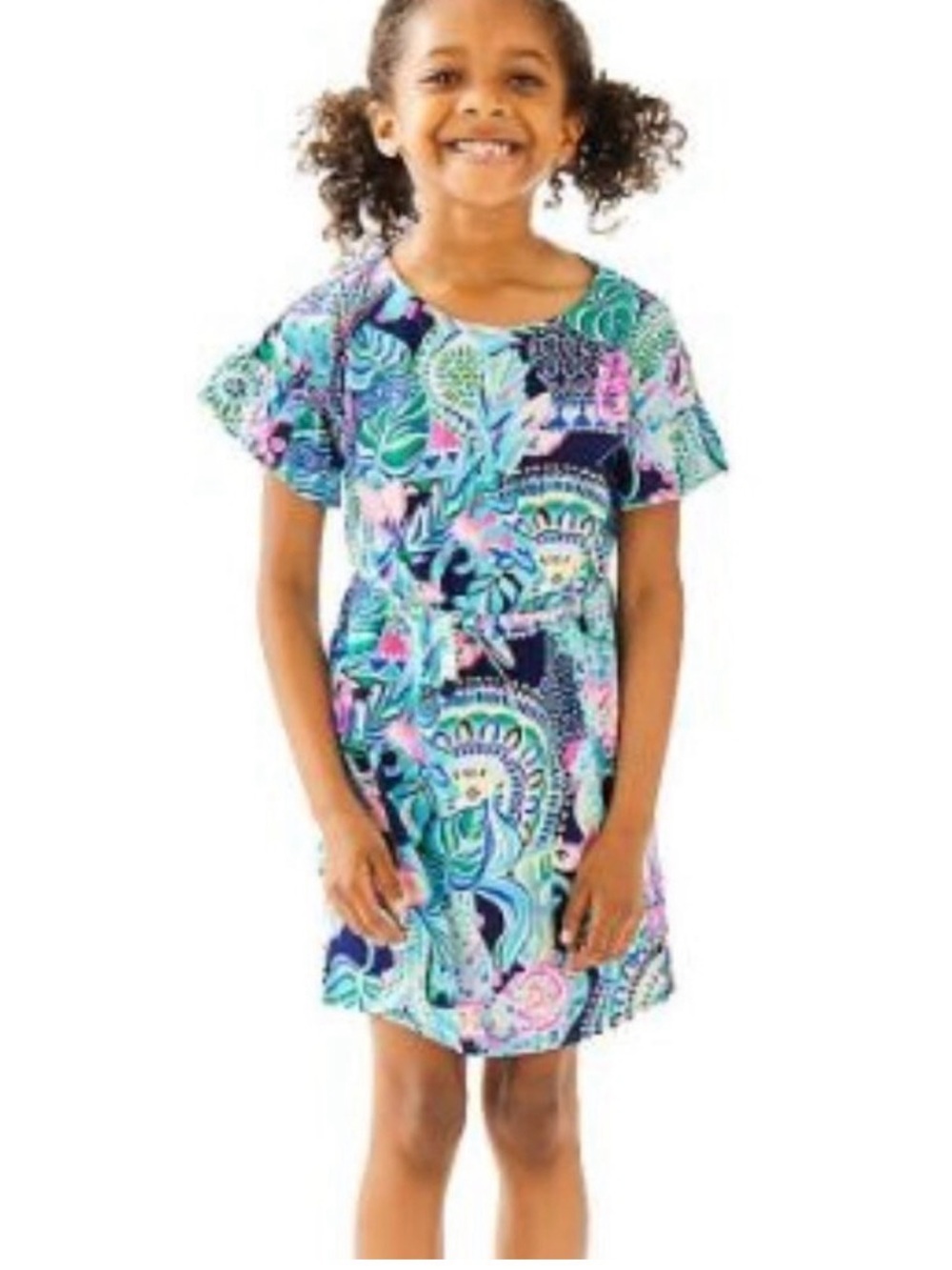 Lilly Pulitzer Aqua, Navy & Pink Tropical Print Dress Lookin’ Sharp print